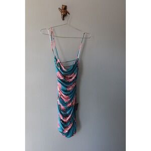 Floral Ruched‎ Bodycon Midi Dress Teal Pink Mesh Sleeveless Spaghetti Strap Sz M